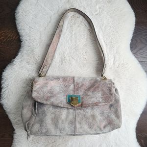 Aimee Kestenberg Metallic Bronze Stone Gold Leather Envelope Shoulder Bag Purse